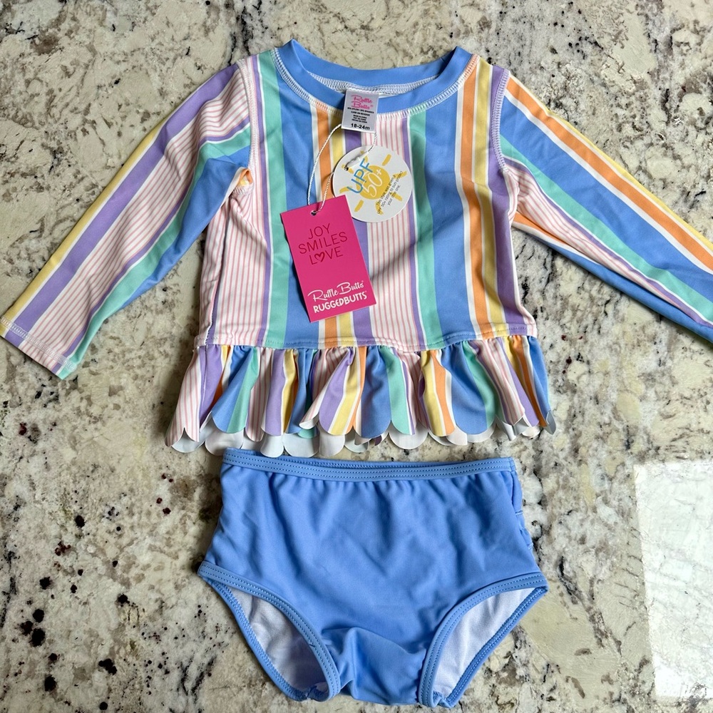 RuffleButts Scalloped Long Sleeve Rash Guard 2-Piece